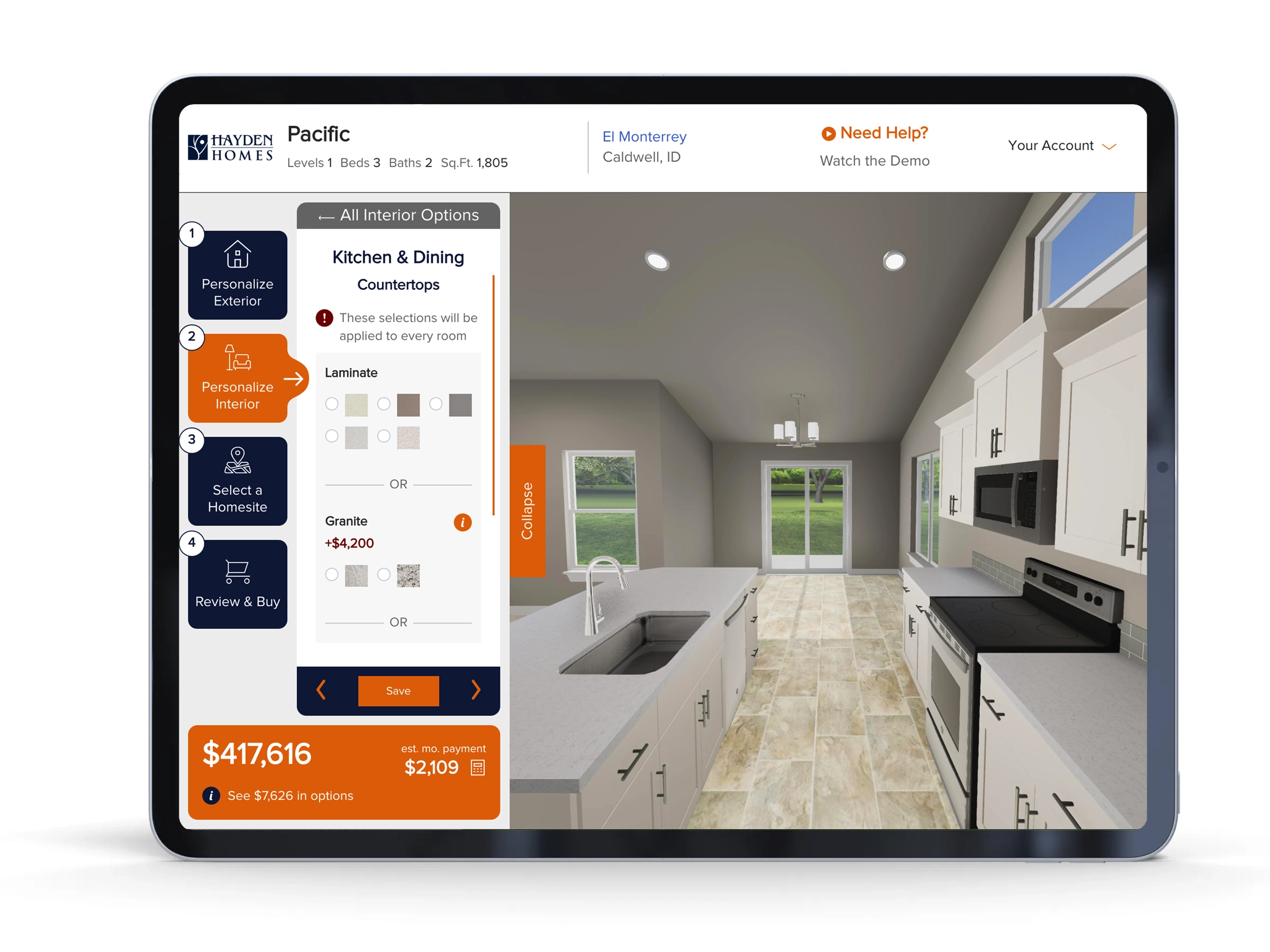 Tablet displaying personalizing a new home