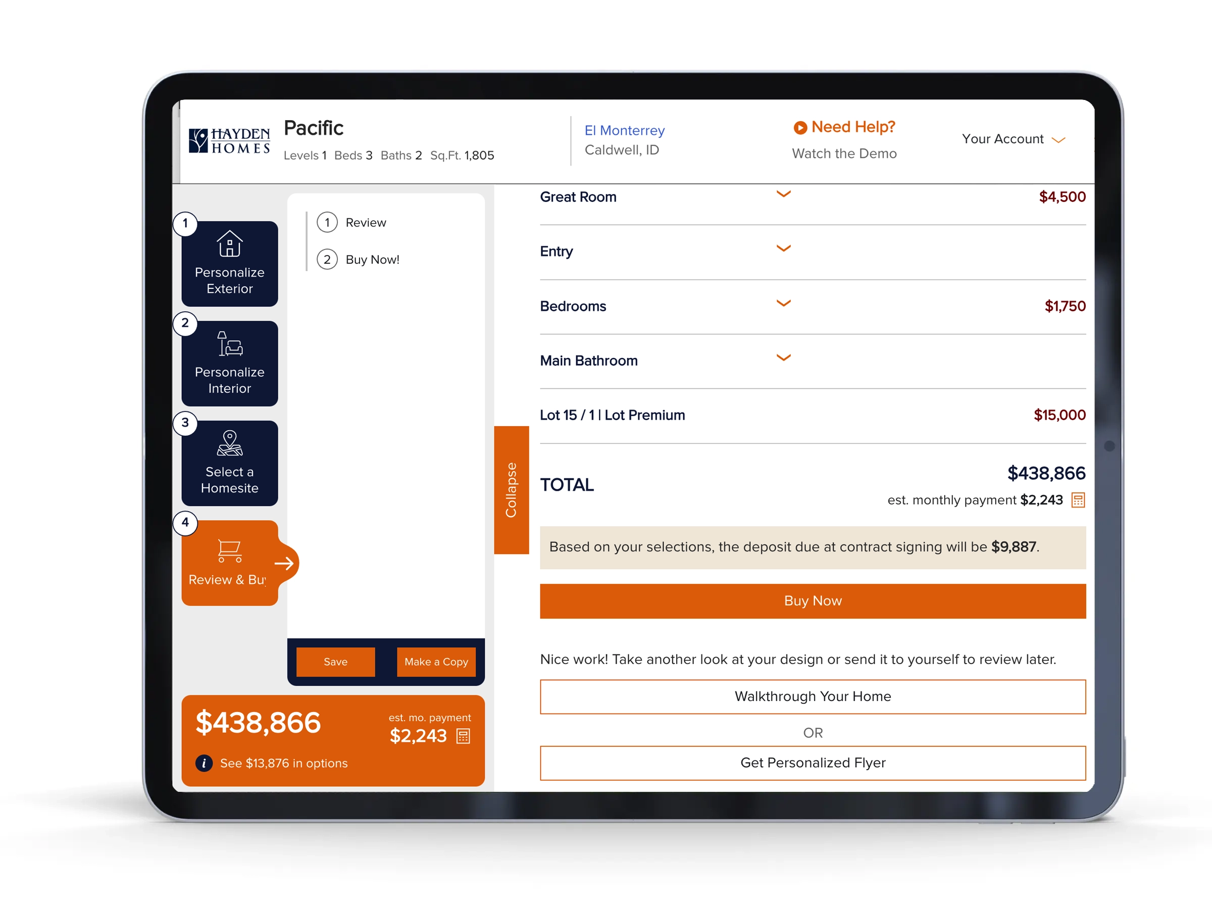 Tablet displaying final cost of a newly designed home